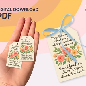 May include: Digital download gift tags with floral designs. The tags feature text that reads "May Jehovah reward you for what you have done" and "Thank You Dear Sister For Your Love & Fine Works!" A blue ribbon is tied to one tag.