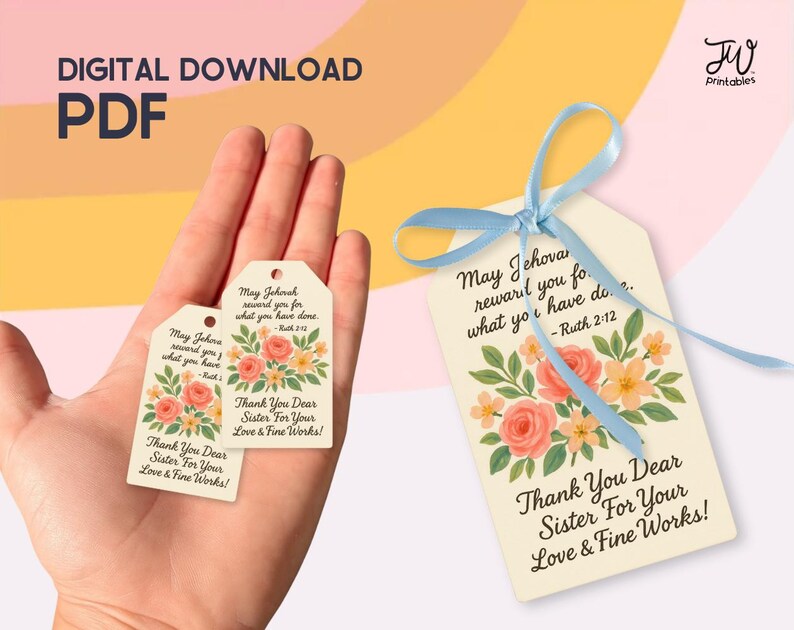 May include: Digital download gift tags with floral designs. The tags feature text that reads "May Jehovah reward you for what you have done" and "Thank You Dear Sister For Your Love & Fine Works!" A blue ribbon is tied to one tag.