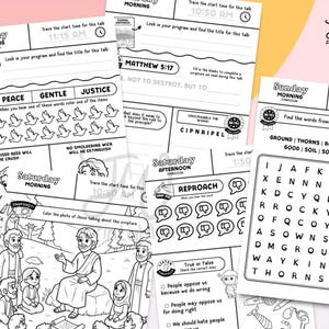 May include: A collection of black and white printable activity sheets. The sheets include word searches, fill-in-the-blank exercises, and coloring pages. The text includes the words "Peace", "Gentle", "Justice", and "Reproach". The sheets are designed for educational purposes.