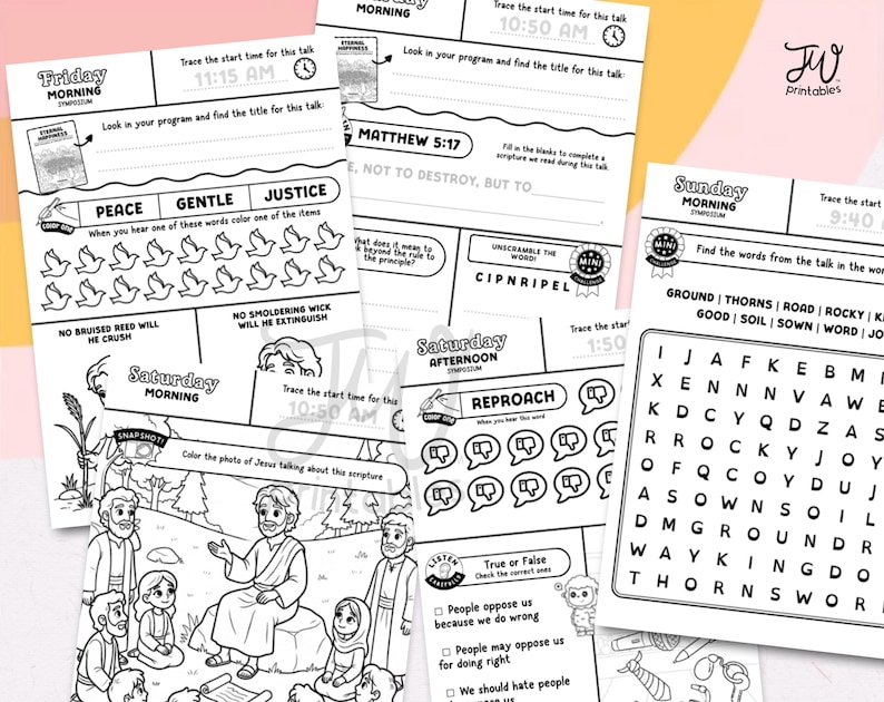 May include: A collection of black and white printable activity sheets. The sheets include word searches, fill-in-the-blank exercises, and coloring pages. The text includes the words "Peace", "Gentle", "Justice", and "Reproach". The sheets are designed for educational purposes.