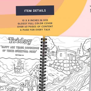May include: A spiral-bound coloring book with the word "Friday" at the top of the page. The page features a black and white illustration with the text "HAPPY ARE THOSE CONSCIOUS OF THEIR SPIRITUAL NEED" and Matthew 5:3. The book is 10 x 8 inches.