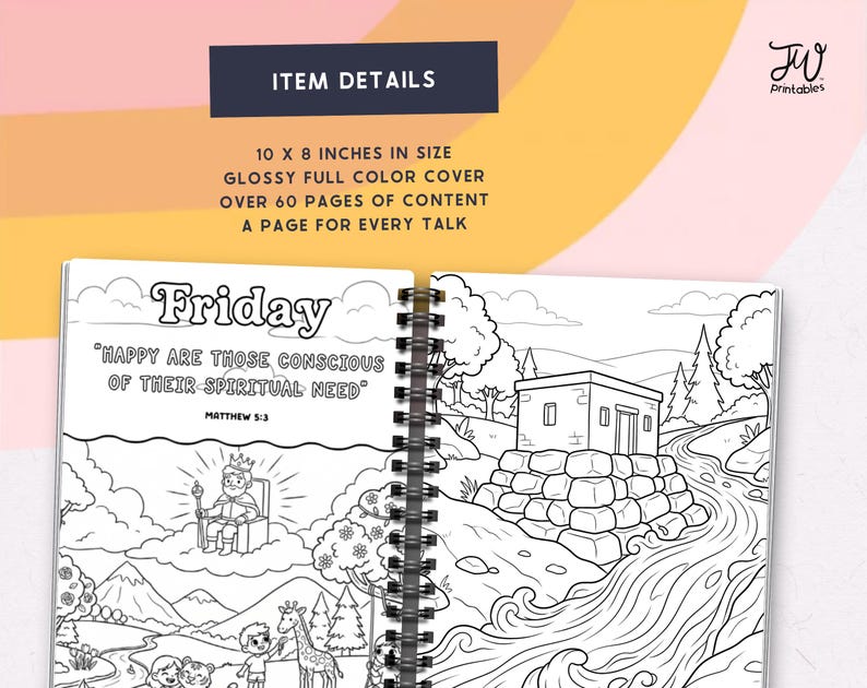 May include: A spiral-bound coloring book with the word "Friday" at the top of the page. The page features a black and white illustration with the text "HAPPY ARE THOSE CONSCIOUS OF THEIR SPIRITUAL NEED" and Matthew 5:3. The book is 10 x 8 inches.