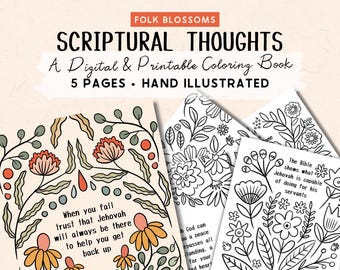 Folk Blossoms Scriptural Thoughts Digital Coloring Book, Printable Coloring Pages for JW Adults, Easy Coloring Pages, Calming Bible Pages