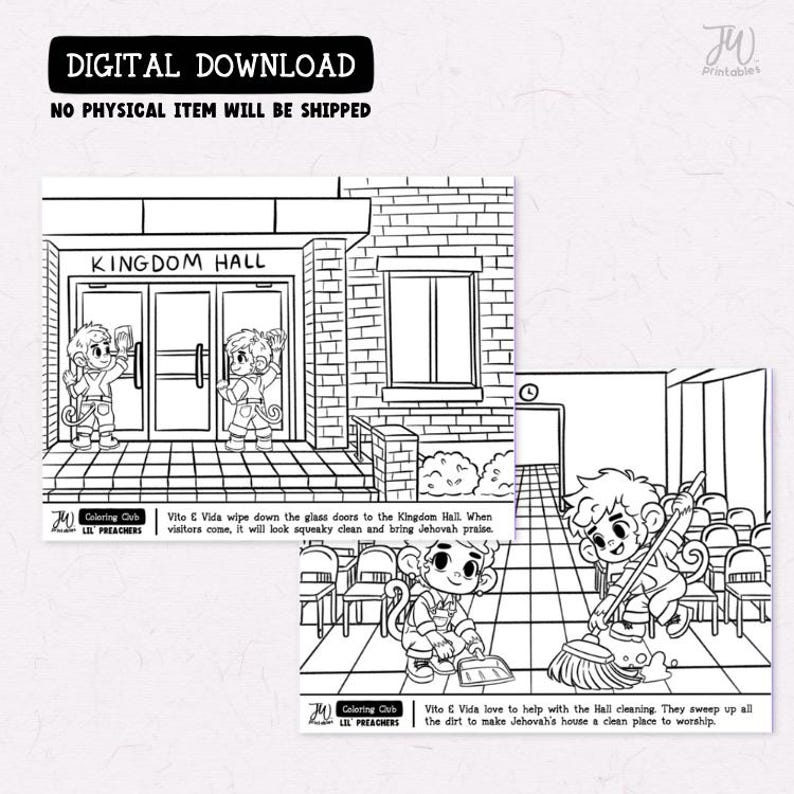 Vito & Vida Kingdom Hall Cleanup – JW Coloring Page Set | Lil Preachers Coloring Club for JW Kids image 3