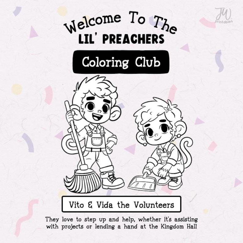 Vito & Vida Kingdom Hall Cleanup – JW Coloring Page Set | Lil Preachers Coloring Club for JW Kids image 5