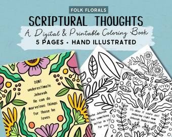 Folk Flowers Scriptural Thoughts Digital Coloring Book, Printable Coloring Pages for JW Adults, Easy Coloring Pages, Calming Bible Pages