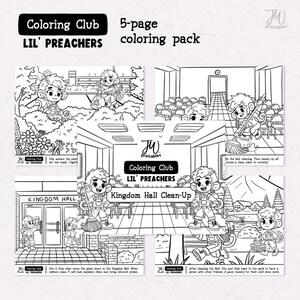 May include: Black and white colouring pages featuring cartoon monkeys cleaning a Kingdom Hall. The pages include text such as "Kingdom Hall Clean-Up" and "Lil' Preachers Colouring Club".