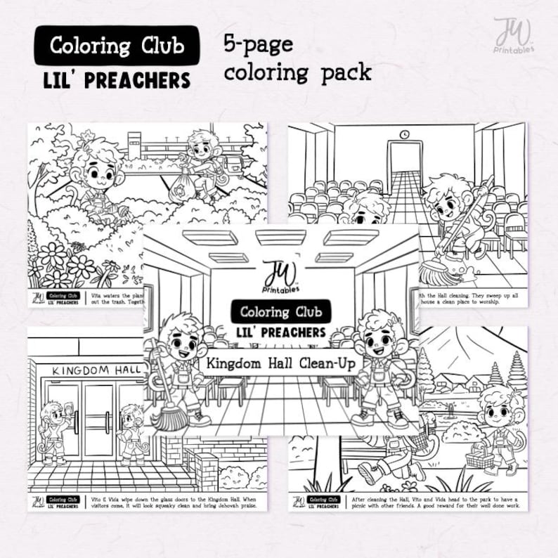 May include: Black and white colouring pages featuring cartoon monkeys cleaning a Kingdom Hall. The pages include text such as "Kingdom Hall Clean-Up" and "Lil' Preachers Colouring Club".