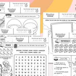 May include: Black and white activity pages with various illustrations and text. The pages include prompts for drawing, word searches, and true/false questions. The text includes the words "Sunday Morning," "Friday Morning," and "Saturday Afternoon."