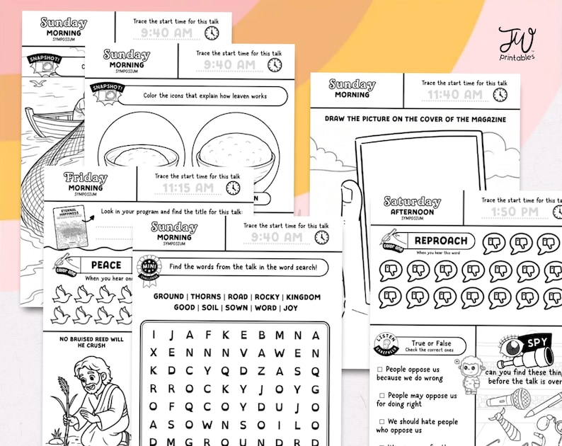 May include: Black and white activity pages with various illustrations and text. The pages include prompts for drawing, word searches, and true/false questions. The text includes the words "Sunday Morning," "Friday Morning," and "Saturday Afternoon."