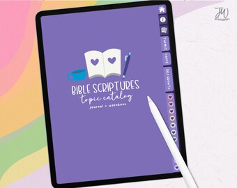 May include: Purple digital planner screen with the text "BIBLE SCRIPTURES topic catalog Journal + Workbook" and a graphic of an open book, a cup of coffee, and a pen.