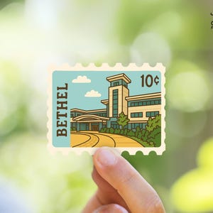 May include: A vintage-style postage stamp with a building illustration and the text "BETHEL" and "10¢".