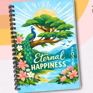 Puede incluir: Un cuaderno de espiral con una cubierta vibrante que presenta un pavo real posado en la rama de un árbol. El diseño incluye el texto "Eternal HAPPINESS 2026" con un paisaje soleado y detalles florales. De JW printables.