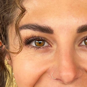 May include: Close-up of a person's face with brown eyes and a nose ring. The person has brown hair pulled back in a ponytail.