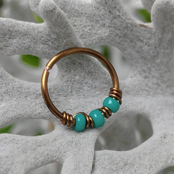 Teal Hoop for Nose, Turquoise Nose Ring, Beaded Nose Jewelry, Nose Ring Hoop, Boho Jewelry, 20g 22g Nose Ring, Bronze Nose Ring, Copper