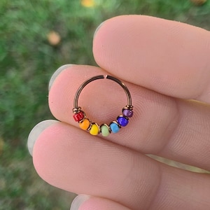 Chakra Nose Ring, Rainbow Nose Ring, Chakra Jewelry, 22g, 20g, 14k Gold Nose Hoop, Boho Nose Ring, Beaded Nose Ring, Alfalfa Sprout Nose
