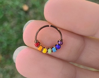 Chakra Nose Ring, Rainbow Nose Ring, Chakra Jewelry, 22g, 20g, 14k Gold Nose Hoop, Boho Nose Ring, Beaded Nose Ring, Alfalfa Sprout Nose