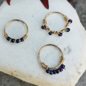 Star Nose Ring, Snug Tiny Hoop Nose Ring Hoop, Thin Nose Hoop, Daith Jewelry Earring, Hoop Nose Ring, Nose Hoop with Beads, Purple Nose Ring