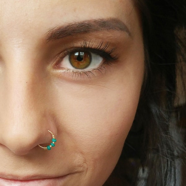 14k Gold Nose Ring, Turquoise Nose Ring, Gold Septum Ring, Nose Hoop, Beaded Nose Ring, Daith Jewelry, Silver Nose Ring, Copper Nose Ring