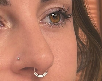 May include: Close-up of a person's face with a nose ring. The ring is a thin silver hoop. The person has brown eyes and long brown hair.