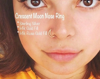 Moon Nose Ring, Real 14k Gold Nose Ring, Double Hoop Nose Ring, Moon Nose Stud Small, Thin Nose Hoop, Fake Nose Ring Hoop, Tragus Earring