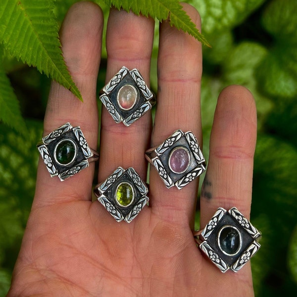 Bague bohème en argent sterling 925 avec tourmaline : pierre précieuse Art déco