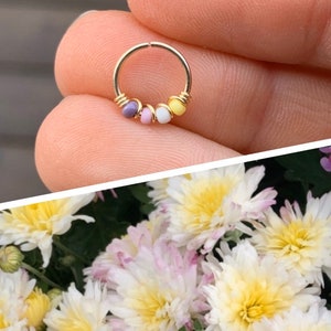 Thin Small Nose Ring Hoop, 14k Gold Nose Ring, Boho Cartilage Earring Hoop, Floral Hoop, 22g Nose Ring, Beaded Nose Hoop, Nose Piercing