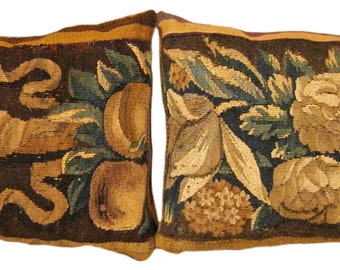 A Pair of Decorative Antique 18th Century Tapestry Pillows with Floral Elements