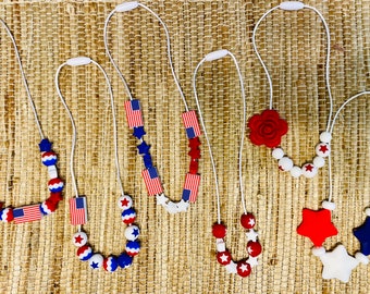Americana/ Patriótica/ Americana/ Roja, blanca y azul/ Collar de silicona / Collar de lactancia materna / Collar de lactancia / Collar sensorial