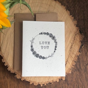 Carte Love You – avec papier de graines de fleurs sauvages plantables | Carte de note dessinée à la main, stylo et encre
