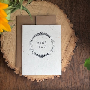 Carte Miss You - avec papier graines de fleurs sauvages à planter | Carte de correspondance dessinée à la main, plume et encre