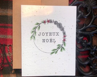 Joyeux Noel Card - with Plantable Wildflower Seed Paper - Hand Drawn, Pen & Ink Note Card