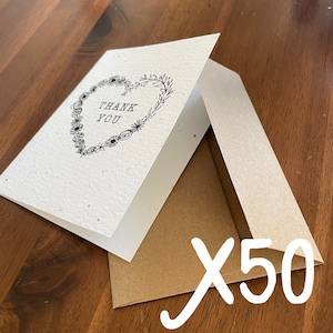 50 cartes de remerciement pour mariage personnalisées avec graines de fleurs sauvages à planter | Carte de correspondance dessinée à la main, plume et encre