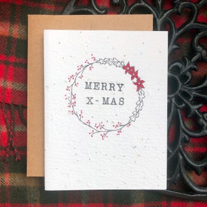 Carte X-mas Happy - avec papier de graines de fleurs sauvages plantables | Carte de note à la main, stylo et encre
