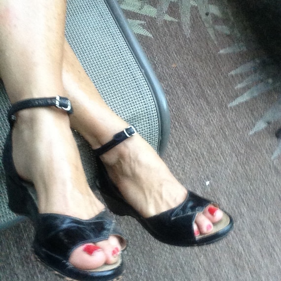 1940s Black Wedge ankle strap shoes