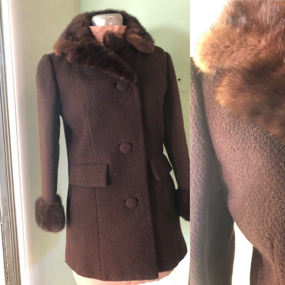 Elegant 60s Brown Wool MINK Fur Trim Princess Coat S Small Youthcraft 1960s