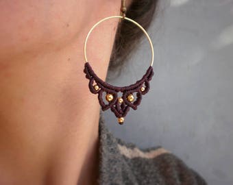 macrame hoop earrings, boho macrame jewelry, autumn fall gift ideas for woman