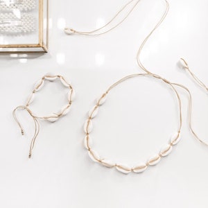 shell choker necklace, cowrie shell bracelet macrame, sea shell jewelry set