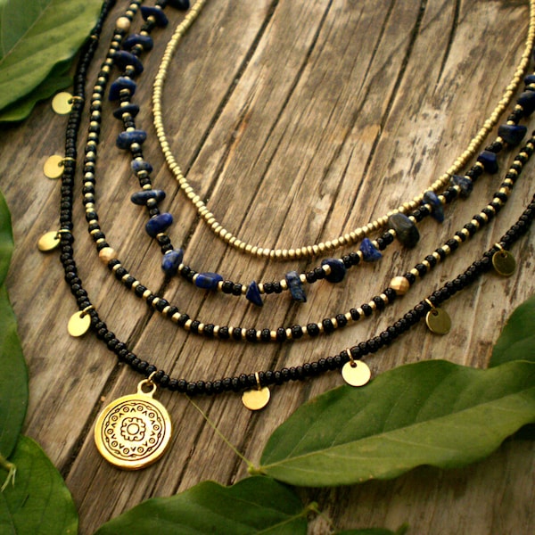 Grekisk gudinna Boho Halsband Set med Pärlmedaljong Mynthängen