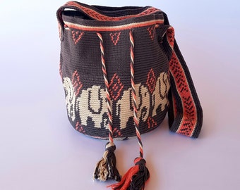 ethnic crochet cotton shoulder bag with elephants