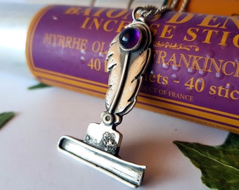 sterling silver statement peandant Amethyst feather