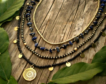 layered necklace set, bohemian beaded layering necklaces with charms, boho pendant, gold medallion coin necklace, black gold ethnic style