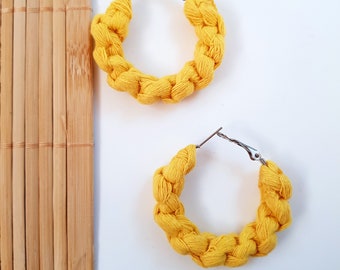 yellow boho macrame cotton hoop earrings