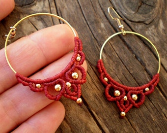 red macrame hoop earrings, lotus flower hoops, yoga lotus flower jewelry, bohemian style gifts for sisters birthday, boho chic, lightweight