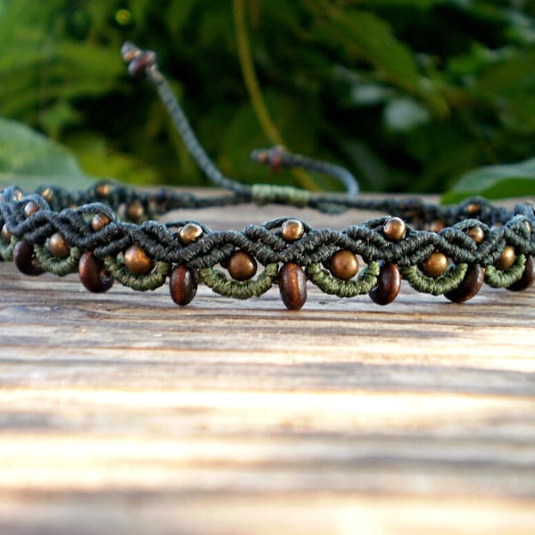 macrame anklet festival wood brass