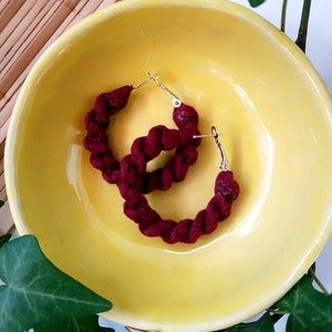 macrame hoops, burgundy earrings, bohemian style, cotton fiber eco friendly jewelry, bohemian style handmade gifts for her, stainless steel image 4