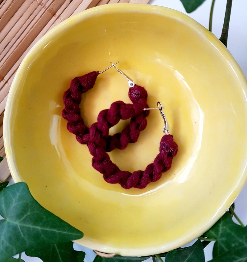 macrame hoops, burgundy earrings, bohemian style, cotton fiber eco friendly jewelry, bohemian style handmade gifts for her, stainless steel image 4