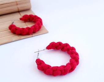 red boho macrame cotton hoop earrings, small chunky hoops, cotton fiber eco friendly jewelry, handmade bohemian gift for her, hypoallergenic