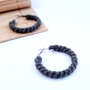 macrame cotton hoop earrings, khaki green earring hoops, handmade bohemian style jewelry, ecofriendly jewelry gift for vegan sister birthday