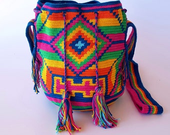 wayuu style bag large, rainbow crochet bucket bag